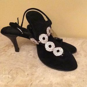 Black suede, rhinestone embellished sandals, Sz 5.